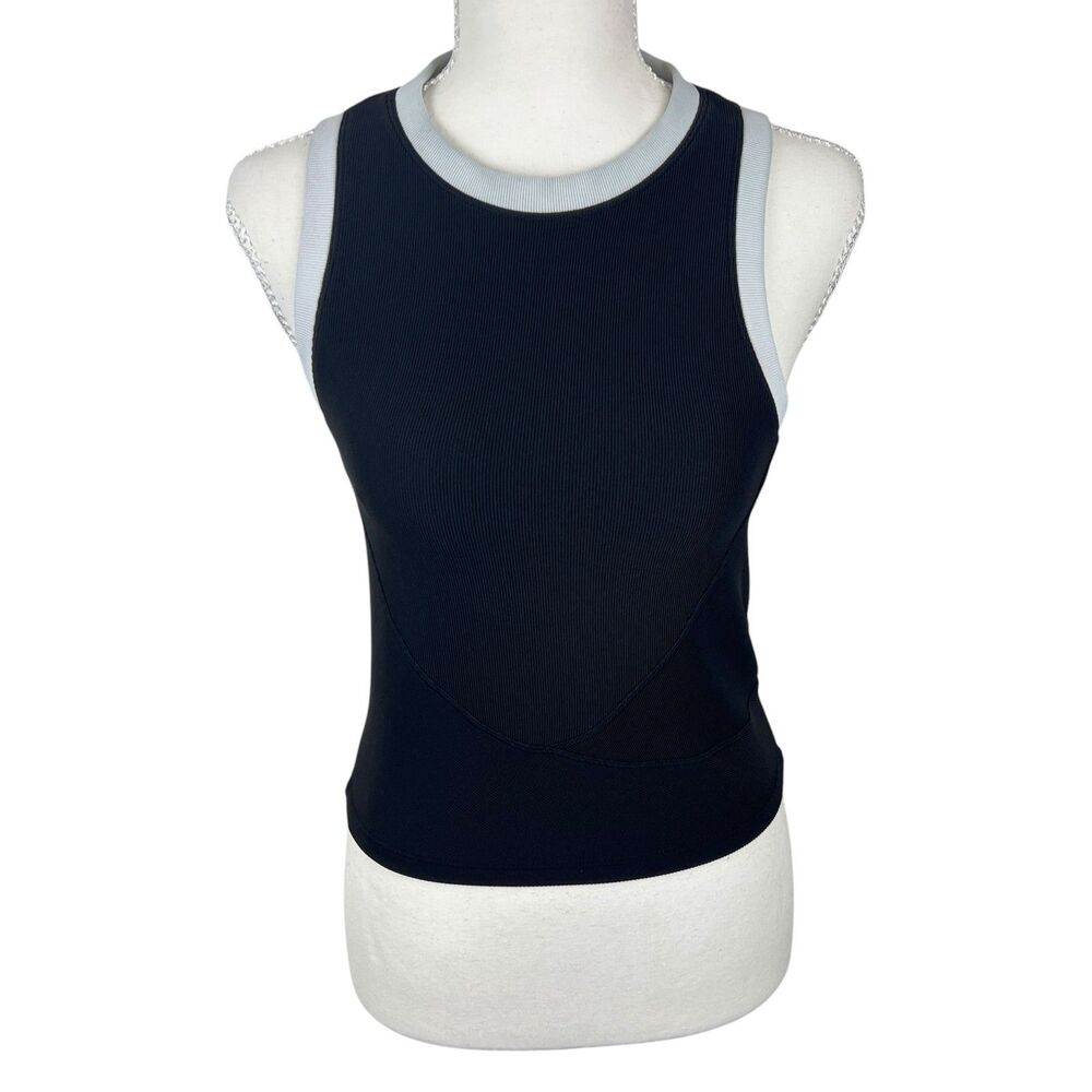 Move Theology Tank Top Women Medium Black Ribbed White Trim Active Stretch